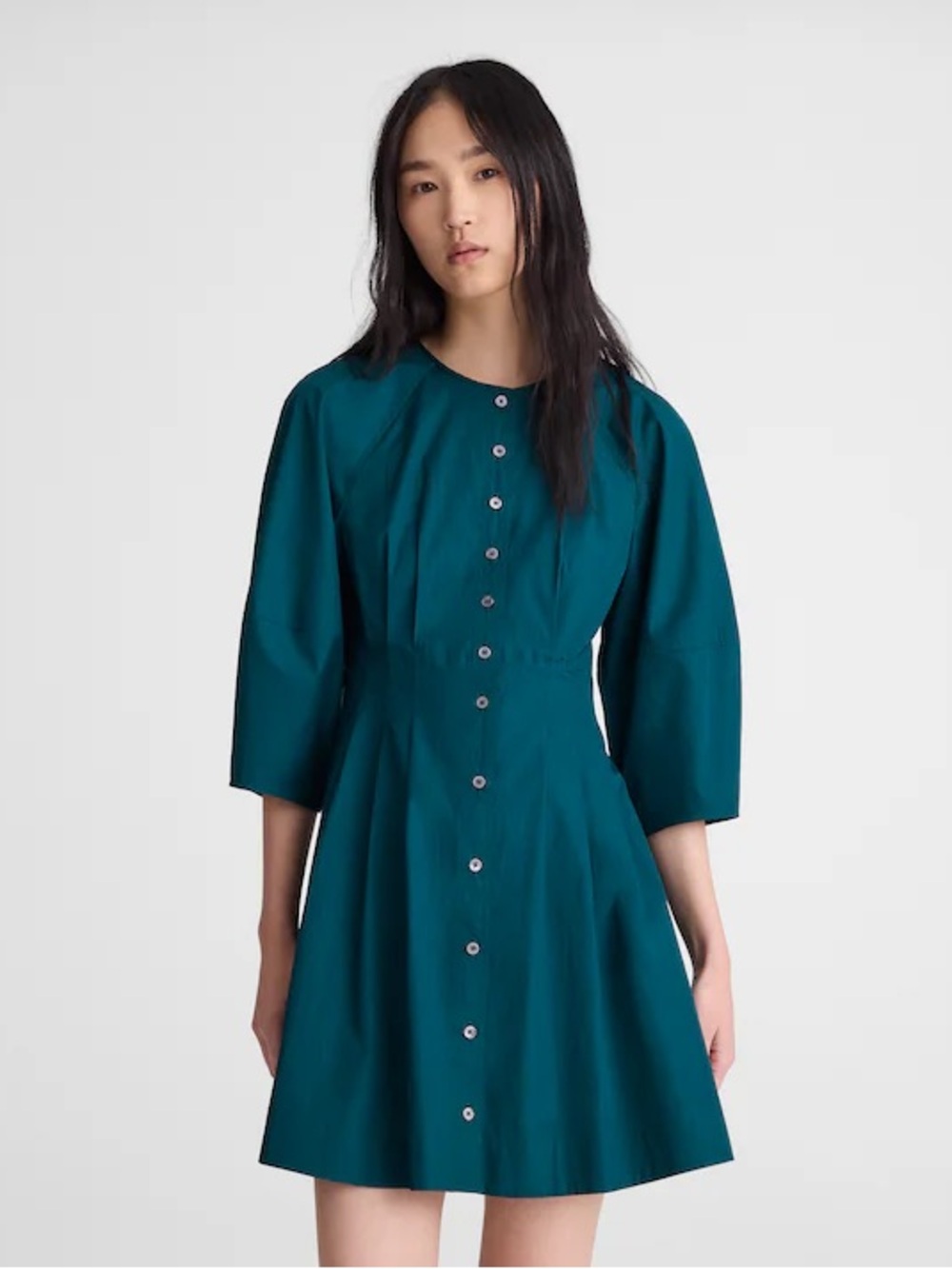 Madewell Sculptural-Sleeve Pleated Mini Shirt Dress Teal Green fit and flare - Picture 4 of 12